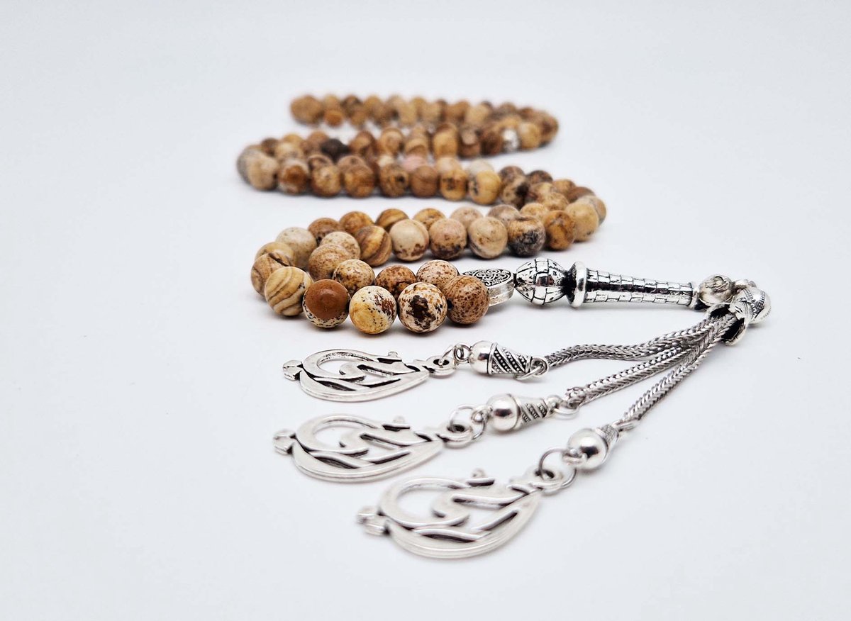 Handgemaakte tesbih "Tasbih" natuursteen "Picture Jasper" - Aantal kralen 99 - Diameter kralen 8MM - met metaal tassel "Mijn moeder" - Een mooi cadeau-idee