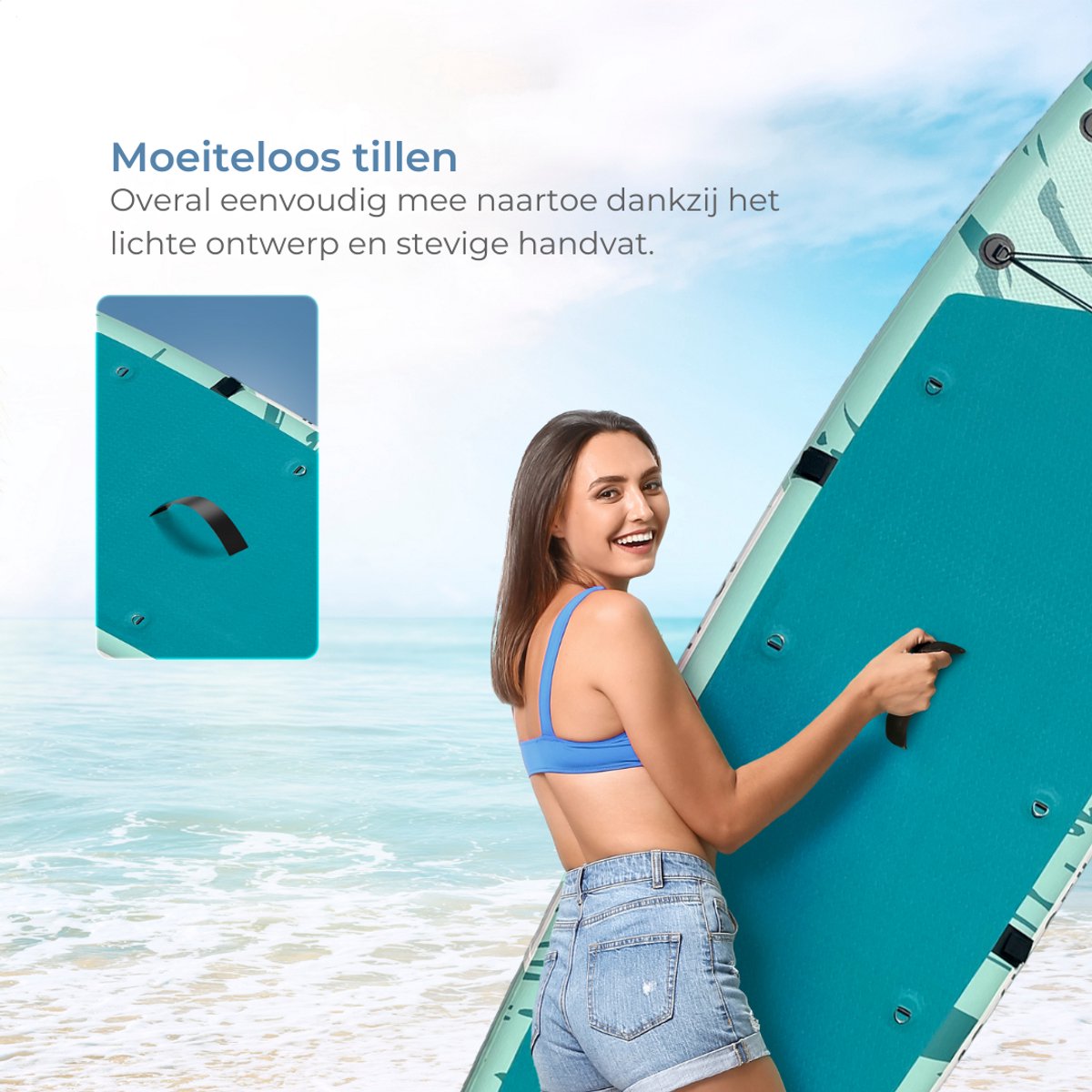 Supper Sup Board XL - Max. 220KG - Opblaasbaar – Zitje – Verstelbare Peddel – Waterdicht Telefoonhoesje – Pomp – Vin – Leash – Draagtas – Touring 381 x 81 cm - Turqoise – foto 4