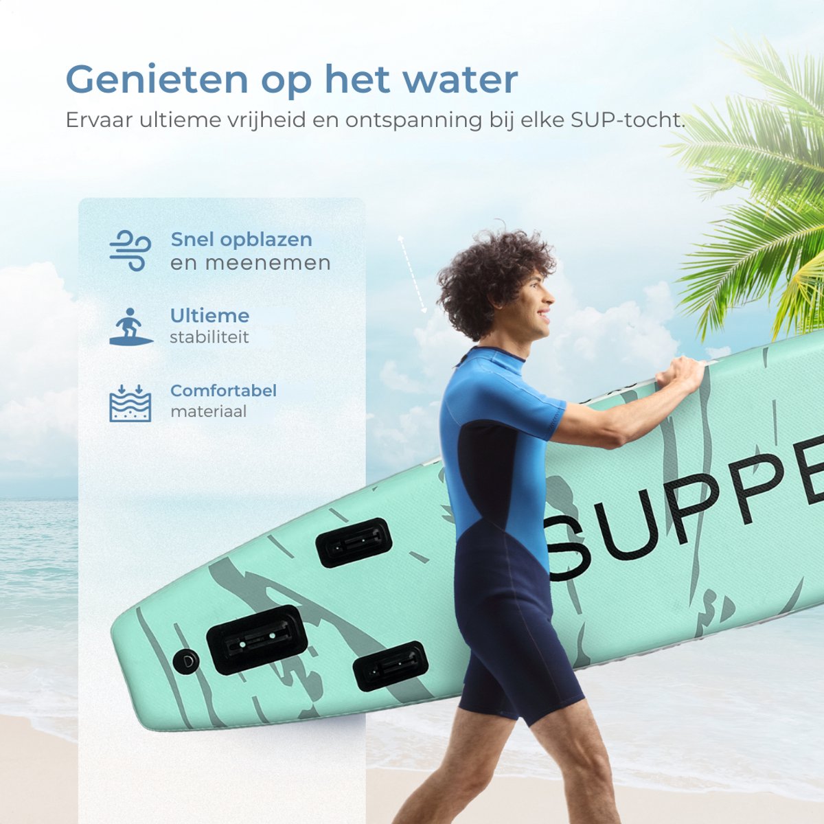 Supper Sup Board XL - Max. 220KG - Opblaasbaar – Zitje – Verstelbare Peddel – Waterdicht Telefoonhoesje – Pomp – Vin – Leash – Draagtas – Touring 381 x 81 cm - Turqoise – foto 7