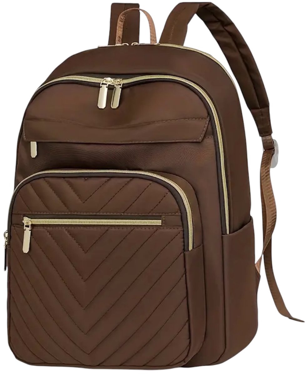 Twenty Two™ Reis laptop rugzak | schoolrugzak met 9 vakken | 2-way ritssluiting | geschikt voor 14 inch laptop-Ipad |30x12x40cm| waterdicht/oxford stof | laptoptas-reistas-schooltas dames-tieners | rugzak voor reizen-school-werk | bruin-goud patroon