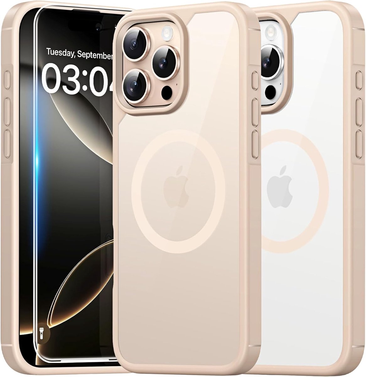 Zandarix Geschikt voor Apple iPhone 16 Pro - Geschikt voor Mag - Back Cover Hoesje - 2 Screen Protector - Beige