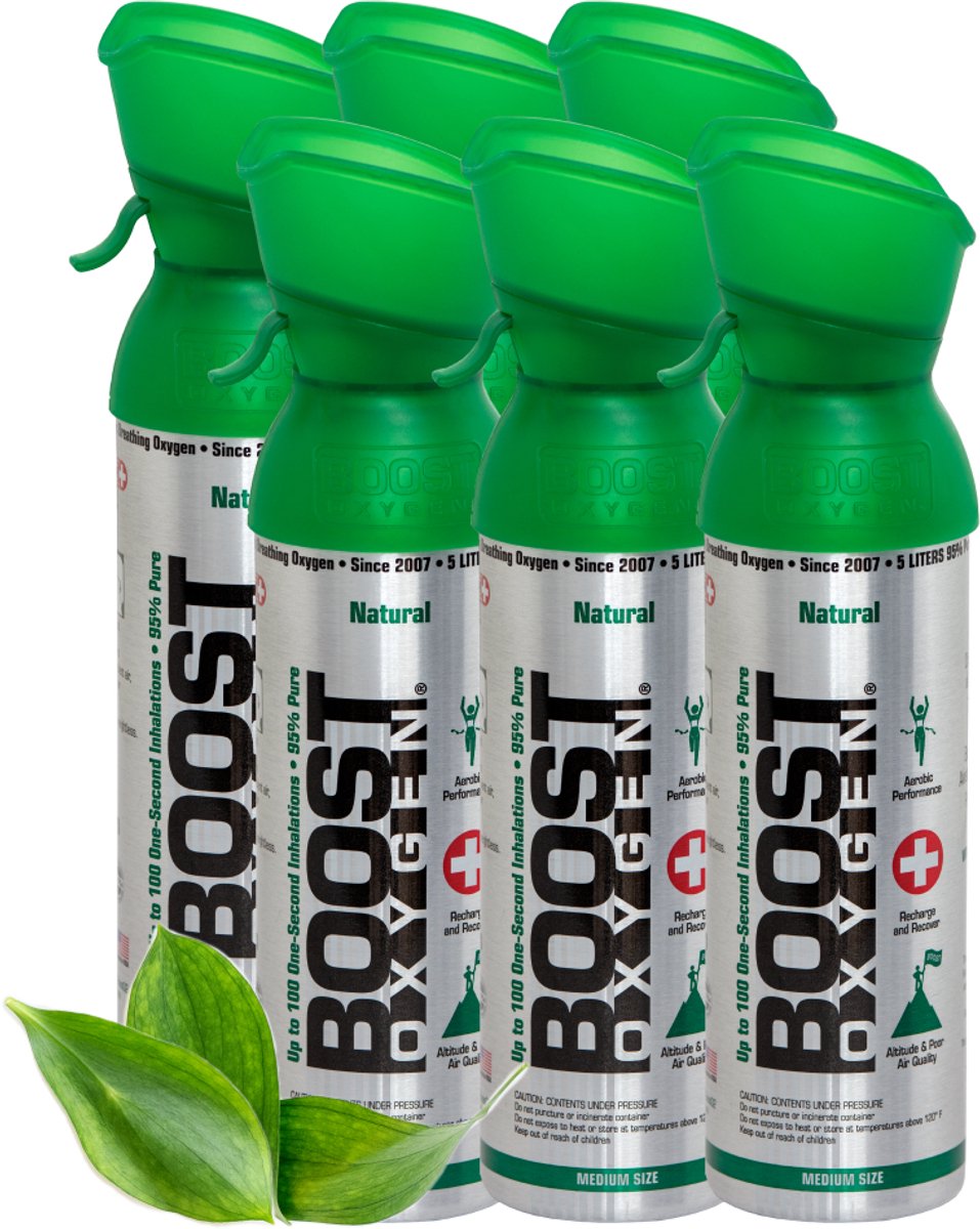 Boost Oxygen - Medium 5L - Natural - 95% Pure Zuurstof - Tot wel 600 inhalaties van 1 sec - Ademhalingsondersteuning voor sport herstel, hoogte, prestaties en gezondheid - Zuurstoffles - 6x 5L (6 pak, 30L totaal)