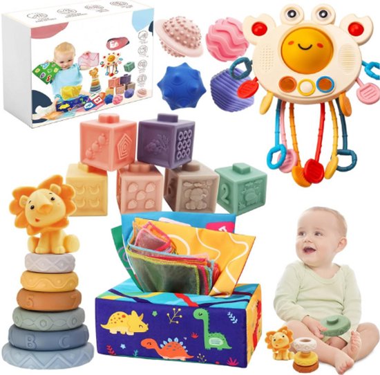 Montessori Speelgoed Vanaf 1 Jaar - 5-in-1 Baby Speelgoed Vanaf 6-12 Maanden - Krab Speelgoed - Bijtring - Stapelspeelgoed - Cadeau Voor Jongens & Meisjes