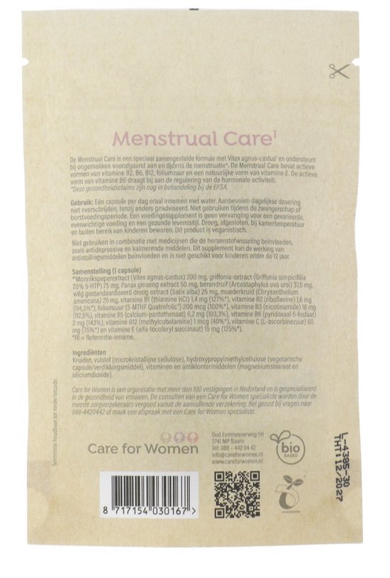 Achterkant van papieren zak met ingrediënten en gebruiksaanwijzing voor Menstrual Care. Care for Women, bio-gebaseerd.