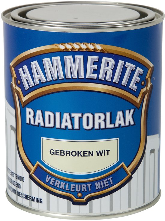Blik Hammerite Radiatorlak, gebroken wit, met afbeelding van radiatoren. Hittebestendig, sneldrogend, duurzame bescherming.