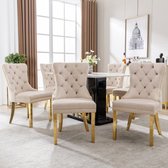 Salle à manger (chaise de cuisine, chaise de salon avec heurtoir unique au dos, 6 pièces), chaise rembourrée avec finition tête de clou, pieds de support en acier inoxydable plaqué or, revêtement en velours, beige/or