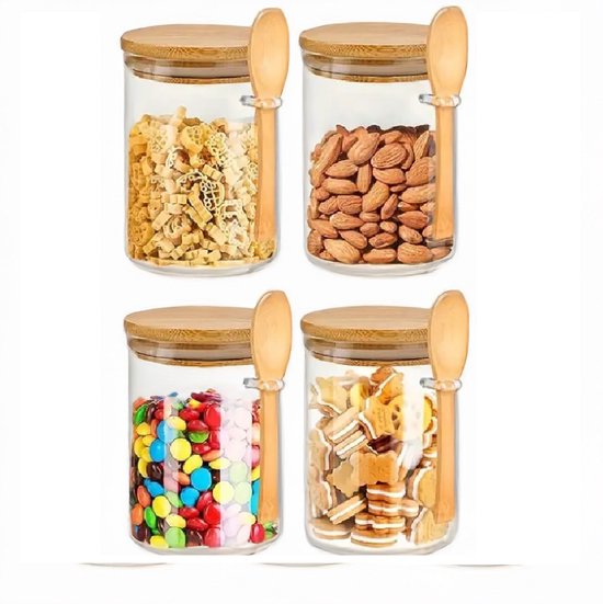 Dutchers.® Overnight Oats Potjes van Glas - 4 Stuks - Bamboe - 4 Glazen Potjes met Deksel - Muesli Beker - Hygiënisch - Lunchpot - Yoghurtbeker - Beker To Go - Milieuvriendelijk - Glas & Bamboe - Sterk Sluitsysteem - Ontbijt & Lunch - Luchtdicht