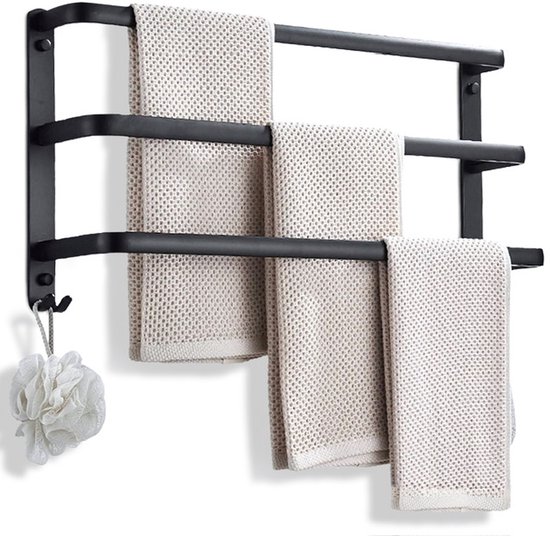 Porte-serviettes 3 niveaux - Salle de bain - Autocollant ou à percer - Embouts Zwart - 60 CM - Barre porte-serviettes - Étagère de salle de bain