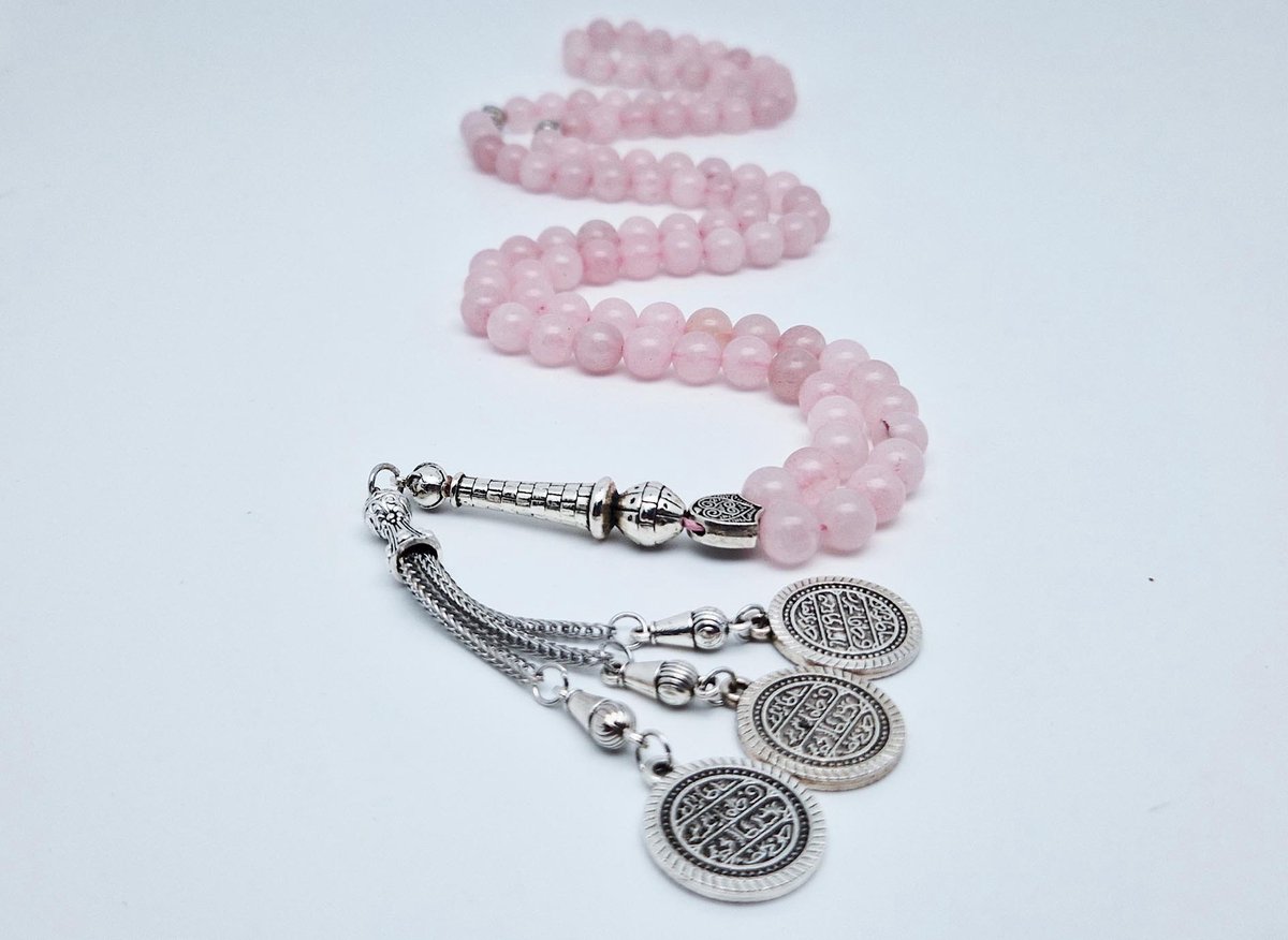 Handgemaakte tesbih "Tasbih" natuursteen "Roze kwartz" - Aantal kralen 99 - Diameter kralen 8MM - met metaal tassel "Qustantinia" - Een mooi cadeau-idee