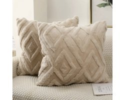 Zachte Luxe Kussenhoezen Set - Inclusief Gratis Geurzakjes - Groot Ruitpatroon - Woondecoratie - Kussenhoes voor Slaapkamer of Woonkamer - Sierkussenhoezen - Kussenhoezen Modern Design - Exclusief Kussenvulling - Set van 2 - 45x45 cm - Beige