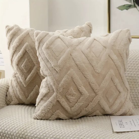 Zachte Luxe Kussenhoezen Set - Groot Ruitpatroon - Woondecoratie - Kussenhoes voor Slaapkamer of Woonkamer - Pluche Kussenslopen - Sierkussenhoezen - Kussenhoezen Modern Design - Exclusief Kussenvulling - Set van 2 - 45x45 cm - Beige