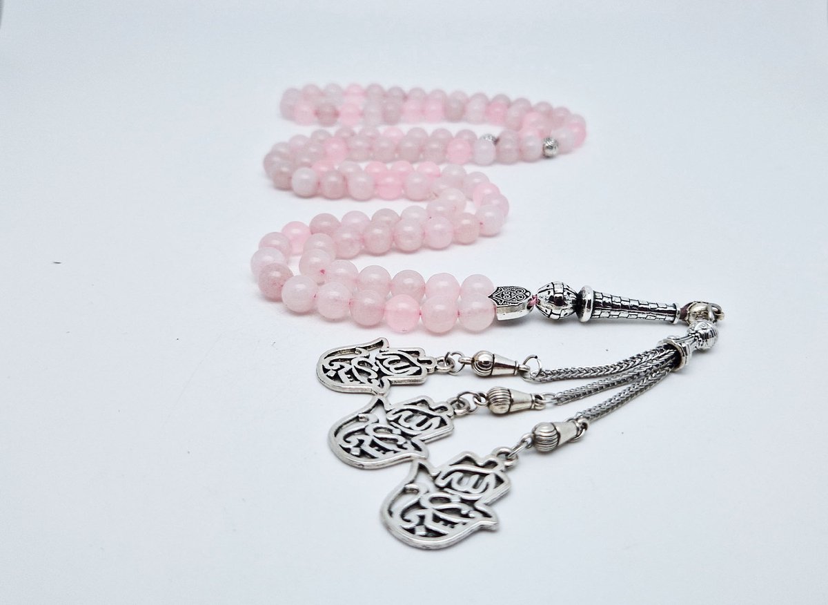 Handgemaakte tesbih "Tasbih" natuursteen "Roze kwartz" - Aantal kralen 99 - Diameter kralen 8MM - met metaal tassel "Maryams handpalm" - Een mooi cadeau-idee