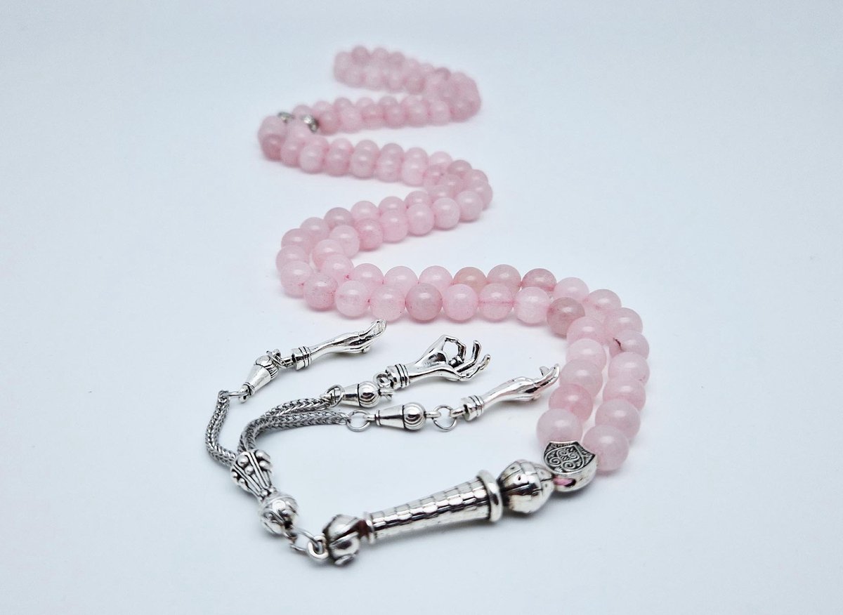 Handgemaakte tesbih "Tasbih" natuursteen "Roze kwartz" - Aantal kralen 99 - Diameter kralen 8MM - met metaal tassel "Palm" - Een mooi cadeau-idee