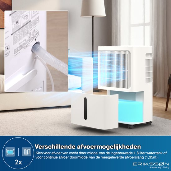 Erikssøn Luchtontvochtiger Dry Pro Plus - Ontvochtigt Tot 16 Liter Per Dag - Was-droog Functie - Geschikt Voor Huis, Slaapkamer , Badkamer , Woonkamer En Kelder - Dehumidifier - vochtvreters voor in huis - Wit
