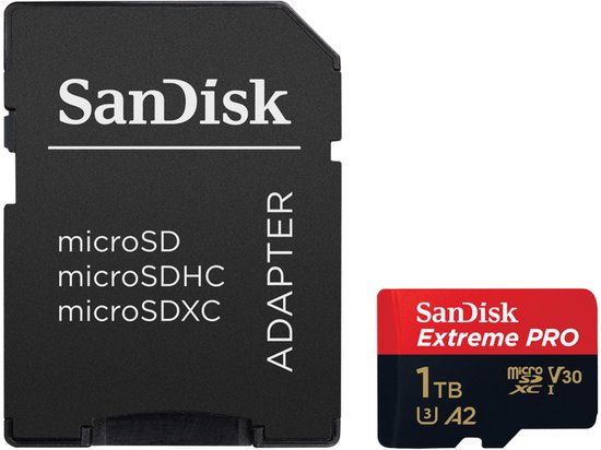SanDisk microSD-adapter en 1TB Extreme PRO microSDXC geheugenkaart.