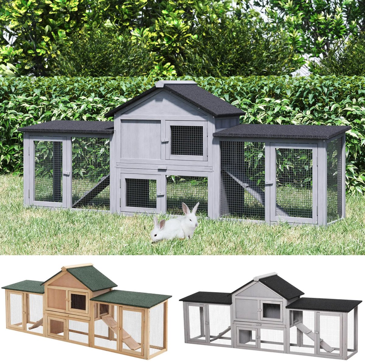Gran Vida® - Konijnenhok - Ruim & Weerbestendig - Met Open Ren - Voor Binnen & Buiten - 210x45,5x84,5 cm - Grijs thumbnail 3