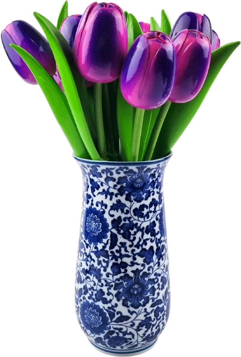 Houten tulpen in Delftsblauwe vaas - 10 paarse tulpen