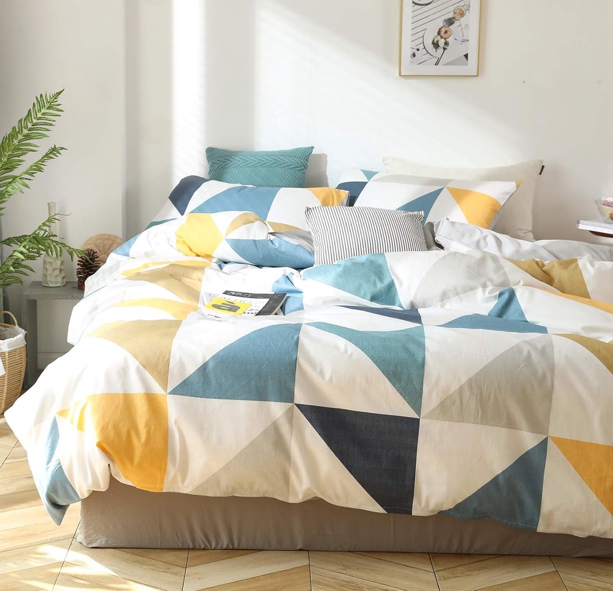 My Ninki ® Beddengoedset van Zacht Katoen met Geometrisch Driehoekpatroon in Blauw en Geel blauw geel