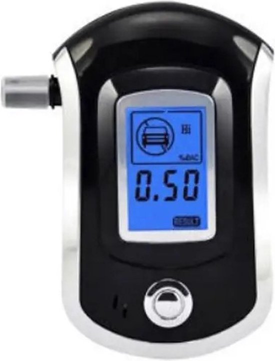 Zwarte digitale alcoholtester met zilveren rand en blauw display dat 0.50 %BAC aangeeft.