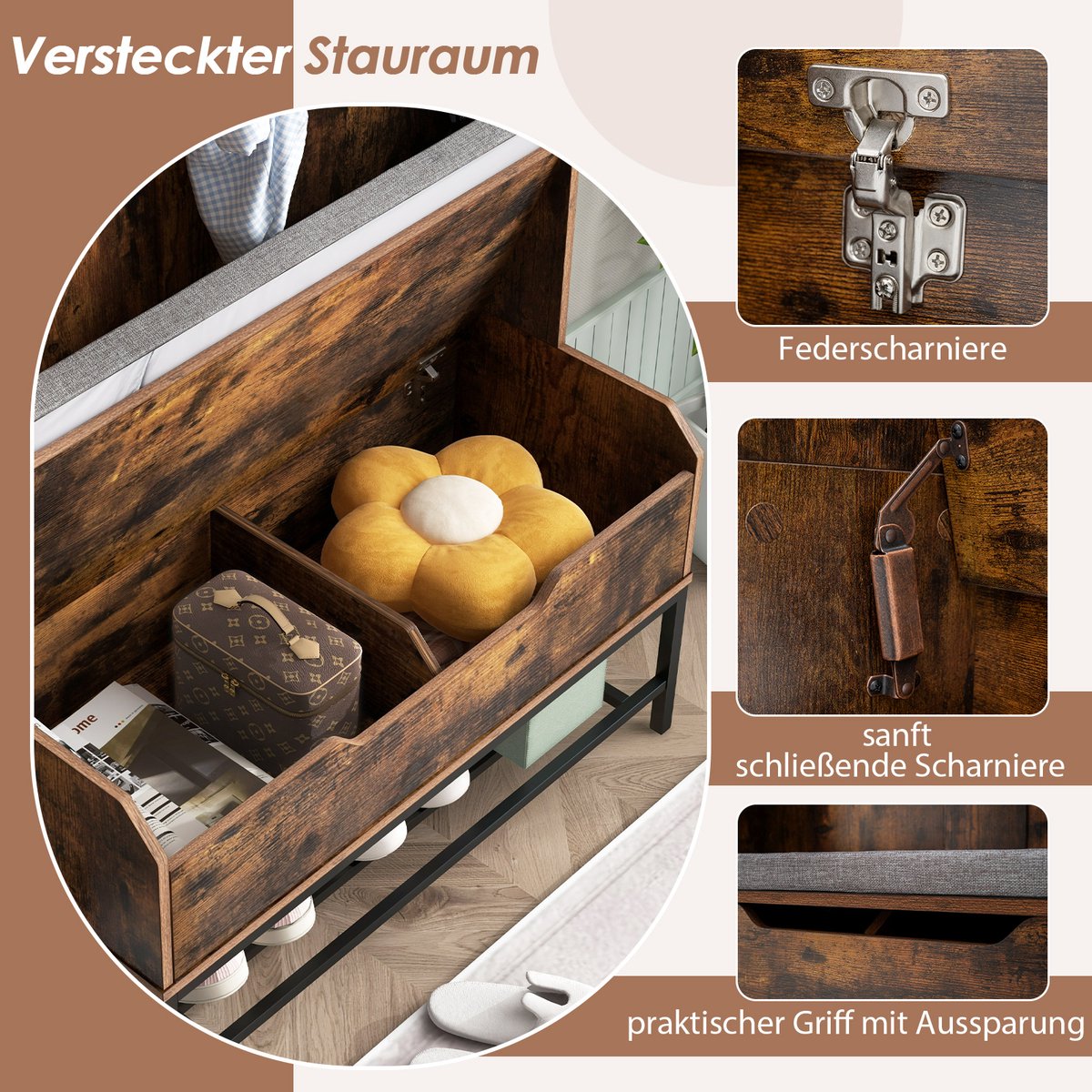 4-in-1 Kapstok met Zitbank – Garderoberek met Open Vakken - Schoenenkast en 3 Haken – Halgarderobe met Zitkussen – 90 x 38,5 x 170 cm – foto 6