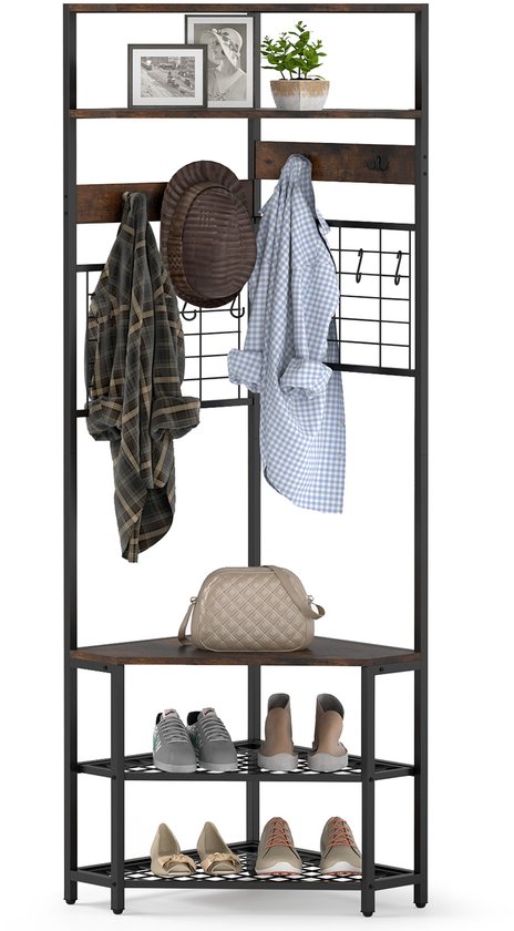 COSTWAY 3-in-1 bijzettafel van massief hout, kapstok met schoenenbank en 3 haken, vrijstaande kledingstandaard, multifunctioneel voor slaapkamer, woonkamer, hal (bruin