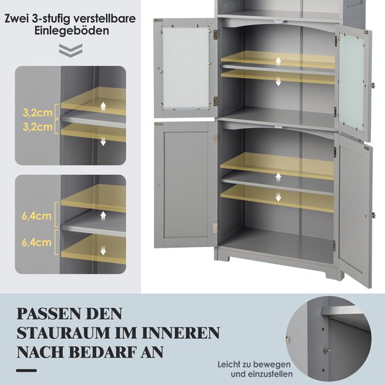 Badkamerkast Met Glazen Deuren, 2 Open Vakken En Verstelbare Planken Hoge Badkamerkast Opbergkast Voor Badkamer Keuken Woonkamer Grijs Vh32864