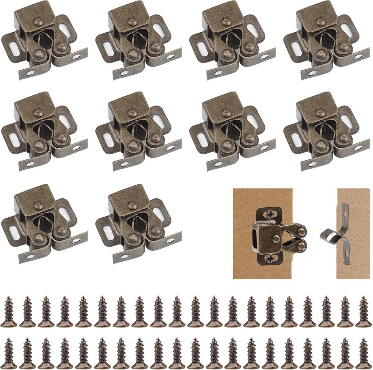 Famanu - Kastdeur Dubbele Bal Roller Catch Latch 10 stuks cabinet roller catch met 40 schroeven double roller catch twin roller catch voor kasten, meubels (Vintage Bronzen)