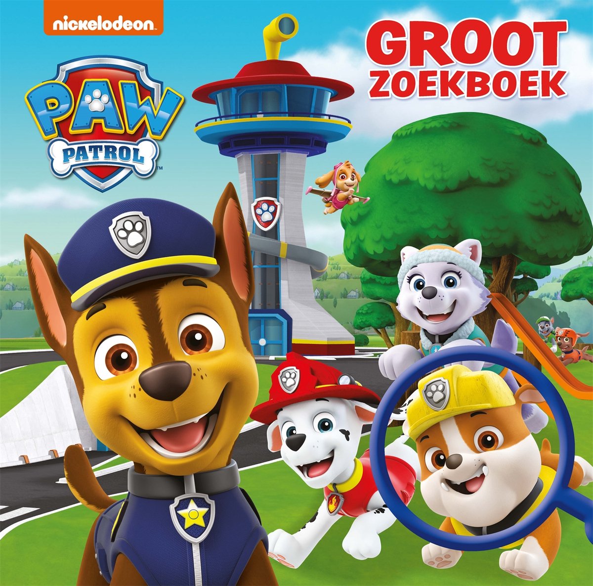 De Paw Patrol pups Chase, Marshall, Rubble, Everest en Skye, met de tekst 'Groot zoekboek'.