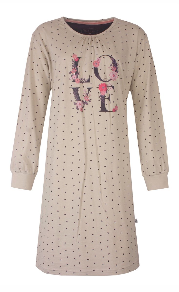Tenderness Dames Nachthemd - Lange Mouw - Ronde Hals - Beige - Maat L