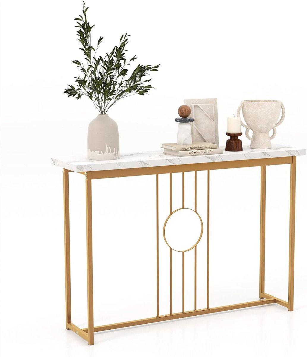COSTWAY Consoletafel, marmerlook, bijzettafel, smal met metalen frame en verstelbare voetkussens, gangtafel, sofatafel, modern, voor woonkamer, ingang, 120 x 30 x 80,5 cm