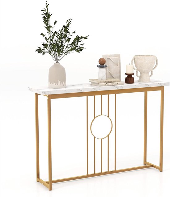 COSTWAY Console tafel marmer look, bijzettafel goud, haltafel modern, metalen frame, entree tafel hout 120 x 32.5 x 88cm (wit
