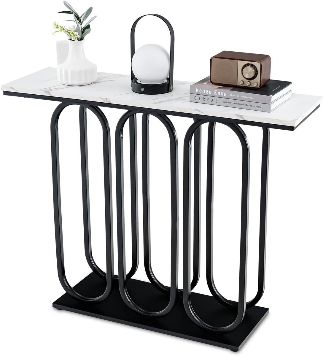 COSTWAY Consoletafel met marmerlook, smalle entreetafel met metalen frame, bijzettafel, voor woonkamer, hal, slaapkamer, ingang, 100 x 30 x 80 cm, wit en zwart, VH33457DE