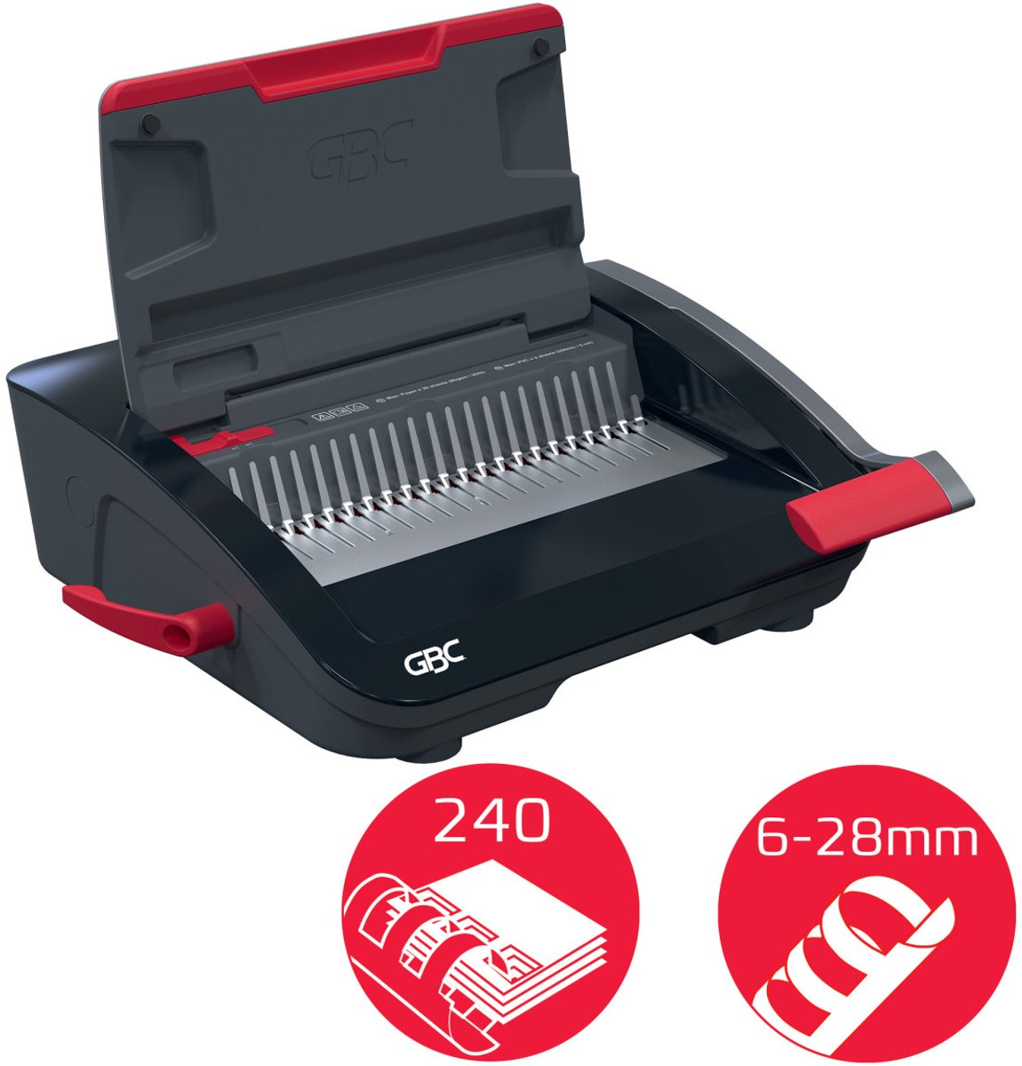 GBC CombBind® CB20 Handmatige Inbindmachine - Plastic Bindruggen - 240 Vel - Zwart/ Rood thumbnail 6