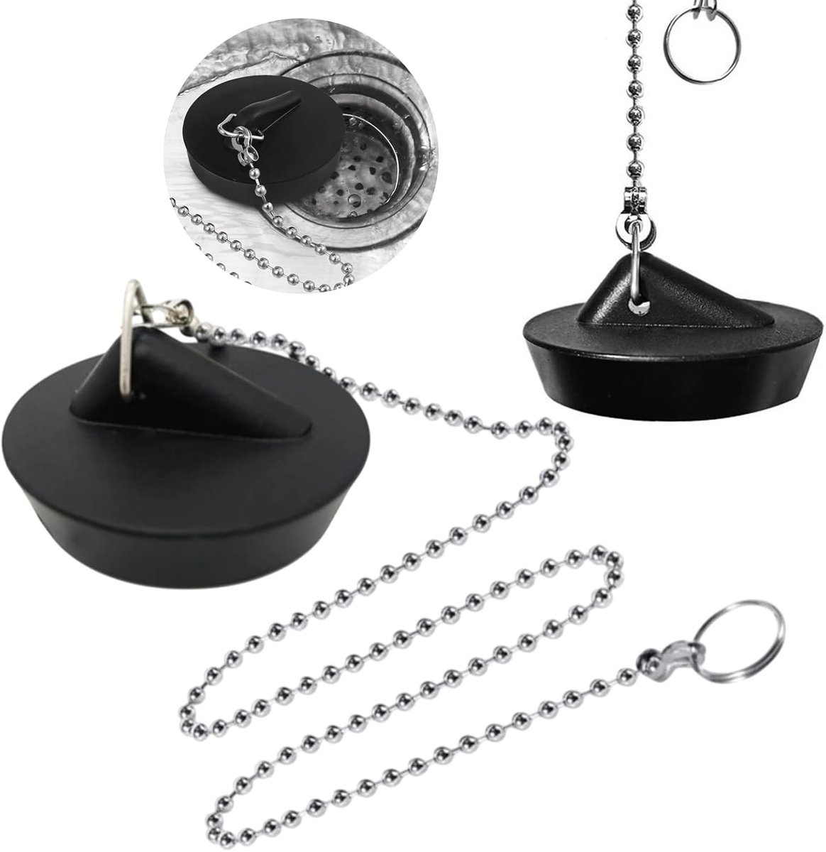My Ninki ® Praktisch Set van 2 Afvoerstoppen met Kettensysteem voor Keuken en Badkamer, Ø 45 mm, Zwart Rubber