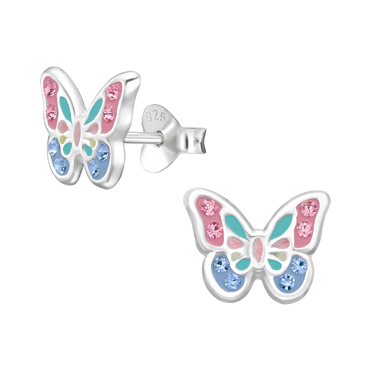 Oorbellen meisje vlinder - zilver - roze - blauw - turquoise - glitter