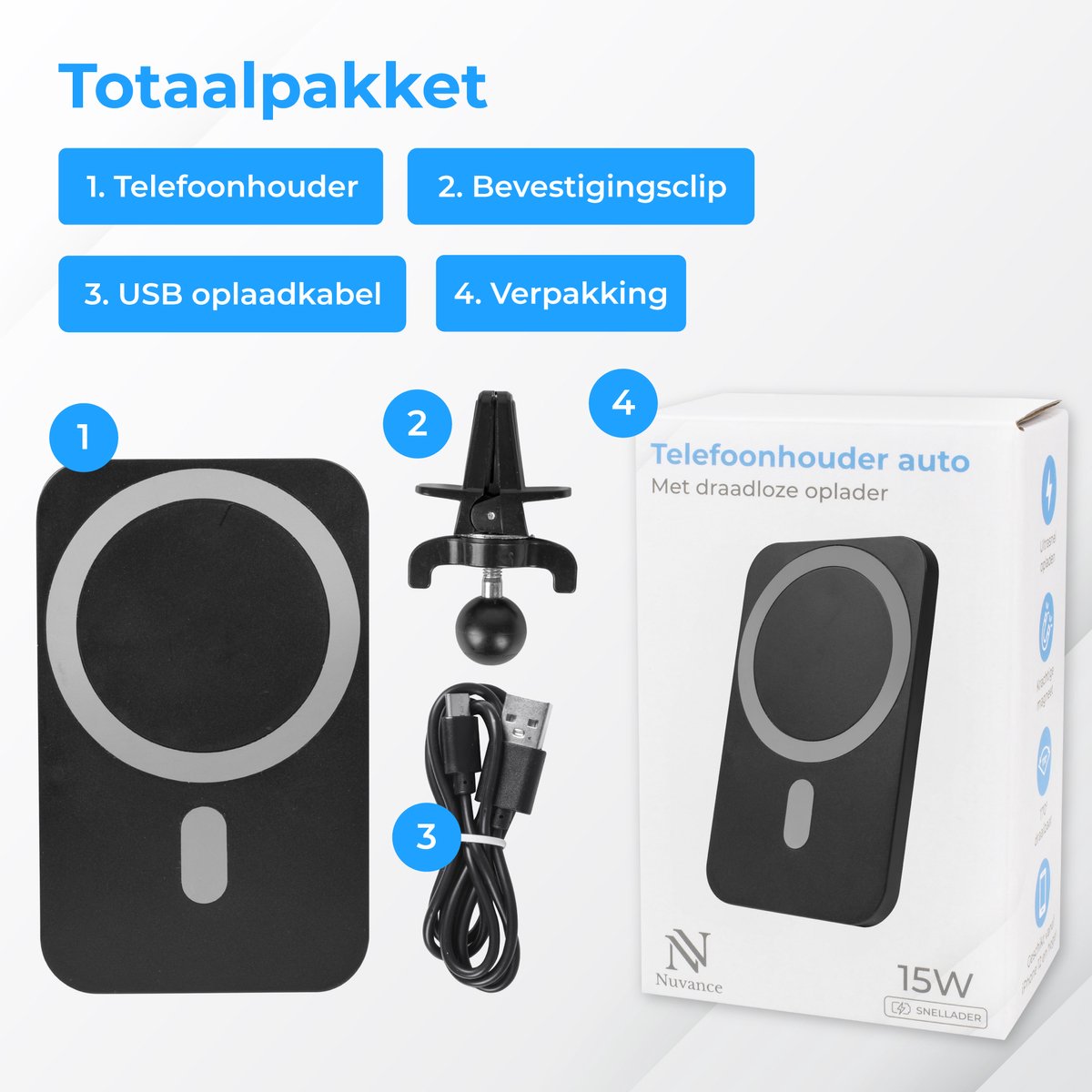 Nuvance Telefoonhouders Auto - Geschikt voor MagSafe - Telefoonhouder inclusief USB-C kabel - Draadloze Oplader - Gsm Houder Auto – foto 8