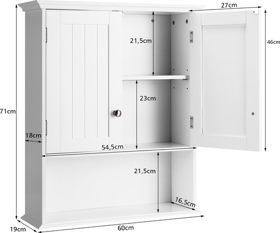 COSTWAY Meuble mural pour salle de bain, meuble de salle de bain en bois avec portes et étagères réglables, meuble mural, meuble de cuisine pour salle de bain, cuisine, chambre, 60 x 19 x 71 cm (blanc)