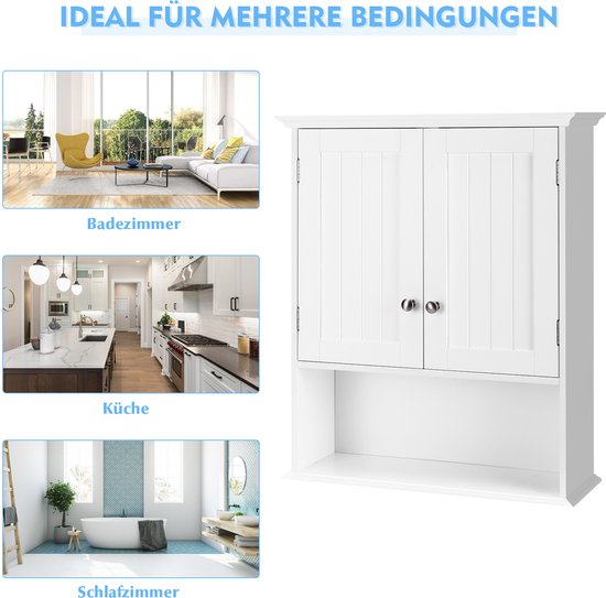 COSTWAY Meuble mural pour salle de bain, meuble de salle de bain en bois avec portes et étagères réglables, meuble mural, meuble de cuisine pour salle de bain, cuisine, chambre, 60 x 19 x 71 cm (blanc)