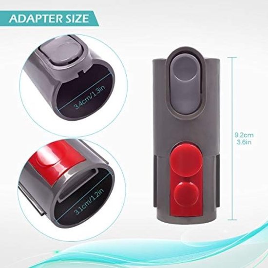 Twee grijze adapters met rode knoppen, afmetingen 3,4 cm en 3,1 cm.