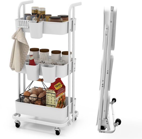 COSTWAY Chariot pliant à 3 niveaux, chariot de service mobile sur roulettes, chariot de cuisine en métal avec poignée, 3 tasses suspendues et 6 crochets, chariot de cuisine, chariot de rangement pour cuisine, salon, blanc