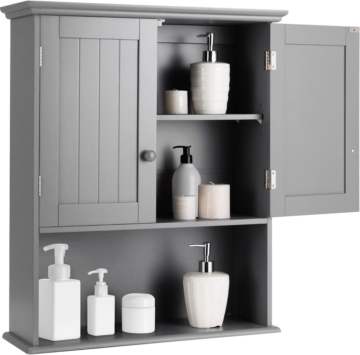 COSTWAY Wandkast medicijnkast, wandkast met dubbele deur, badkamerkast keukenkast onderkast met verstelbare plank, kast voor badkamer keuken entree (grijs)
