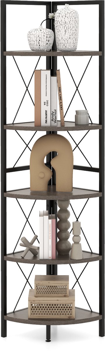 COSTWAY Hoekplank met 5 niveaus, 160 cm hoog, boekenkast, hout, staand rek met metalen frame, opbergplank, voor woonkamer, badkamer, keuken en hal (eikengrijs)