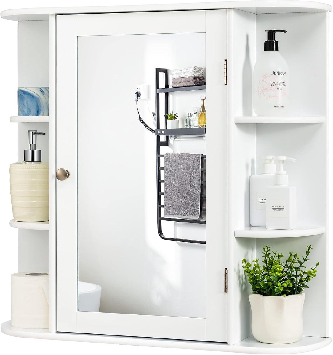COSTWAY Spiegelkast voor badkamer, 4 vakken en 6 open planken, badkamerkast met spiegel, hangende badkamerkast, hout, 66 x 17 x 63 cm (wit)