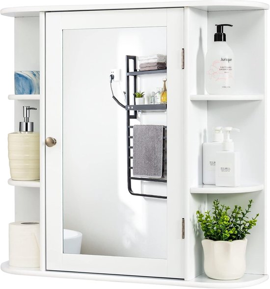 COSTWAY Spiegelkast voor badkamer, 4 vakken en 6 open planken, badkamerkast met spiegel, hangende badkamerkast, hout, 66 x 17 x 63 cm (wit)