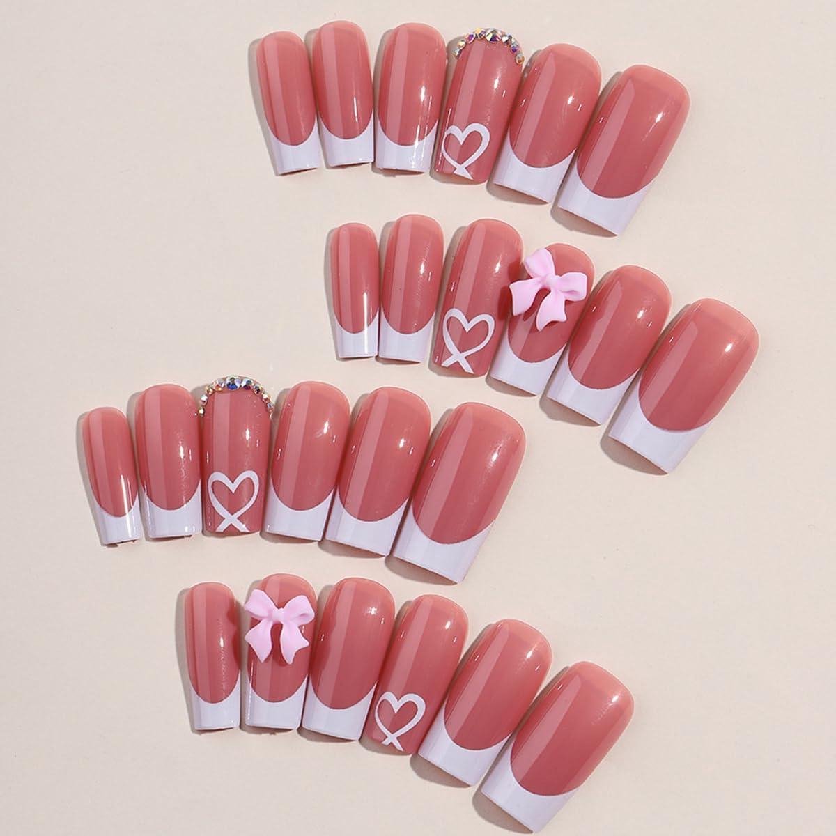 24 stuks Franse tip press-on nagels met bedels - nagels om op te plakken