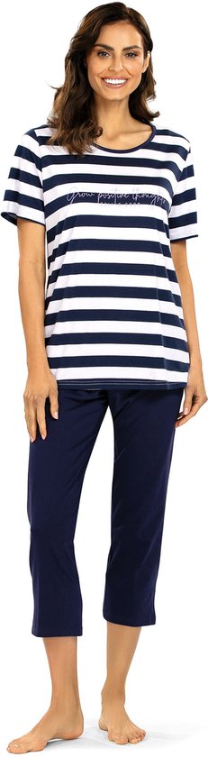Pyjama femme Comtessa - Katoen - Été - Pantalon 7/8 - Rayé bleu foncé - Taille 48
