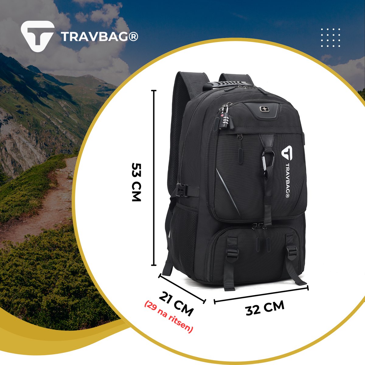 TRAVBAG® EXPLORER - XL Rugzak 65L met Laptopvak - Backpack Reistas - Wandelrugzak - Waterdicht & Verstelbaar - USB Oplaadpoort - Anti-diefstal - Incl. Reisslot - Voor Reizen, Werk & School – foto 8