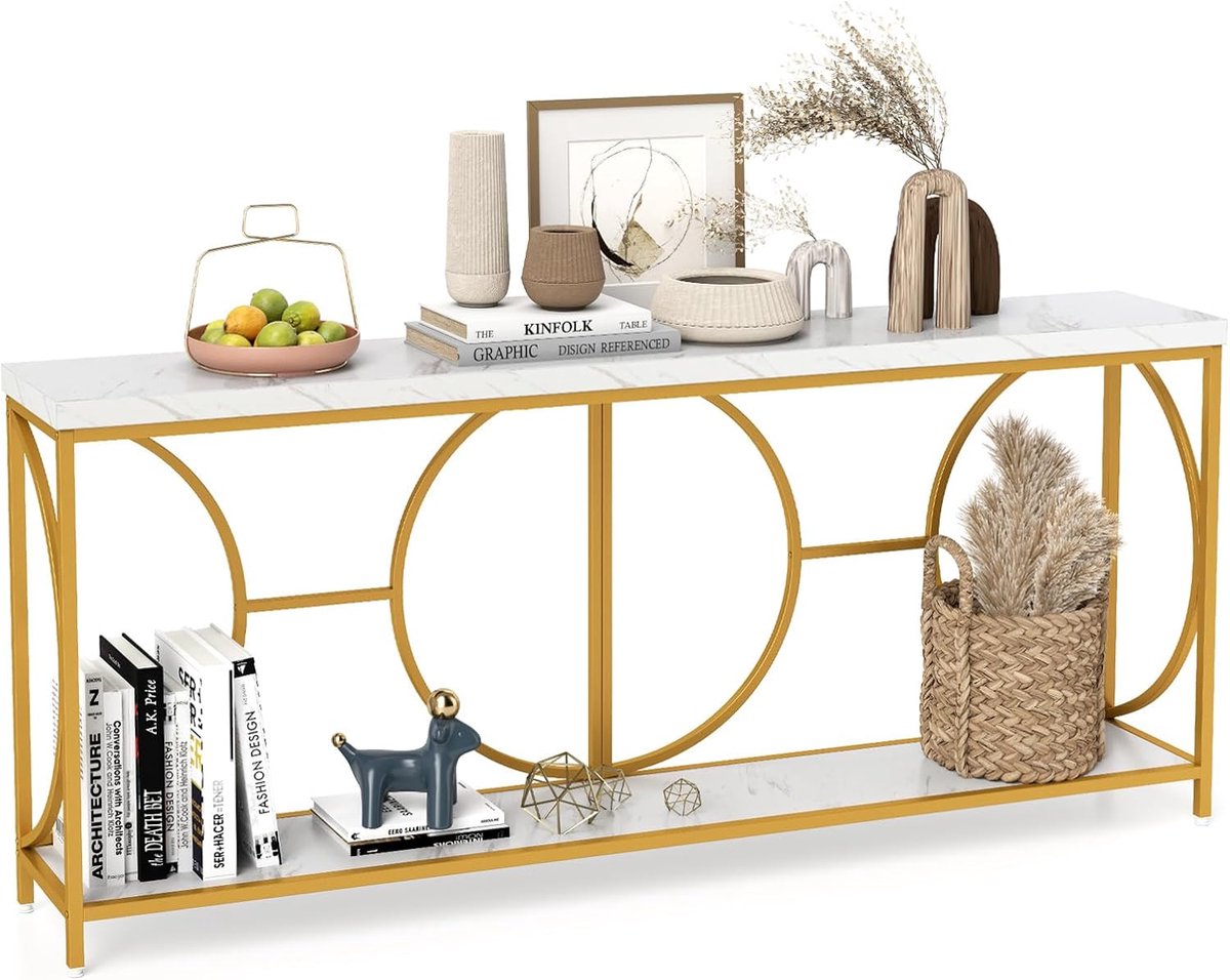 COSTWAY Consoletafel, 180 cm, smal, marmerlook, salontafel met geometrisch metalen frame, bijzettafel goud + wit, voor woonkamer, hal, ingang, modern