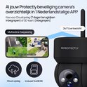 Protectly beveiligingscamera bedienbaar via Nederlandstalige APP met multiscreen-toepassing en 24/7 live toezicht. Cloud-opslag en 64GB SD-kaart opties.
