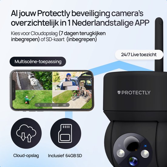 Protectly beveiligingscamera bedienbaar via Nederlandstalige APP met multiscreen-toepassing en 24/7 live toezicht. Cloud-opslag en 64GB SD-kaart opties.